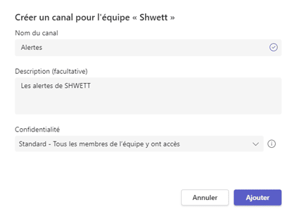 Creating a Shwett team channel to configure alerts in Microsoft Teams