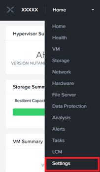 Menu setting dans l'extranet Shwett pour configuration de l'API Nutanix