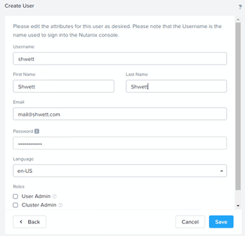 Nom d'utilisateur et mot de passe pour la configuration de l'API Nutanix