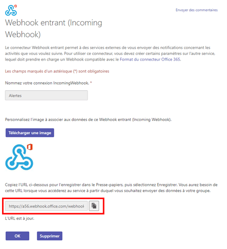Copying the webhook URL to set up Shwett monitoring notifications in Microsoft Teams