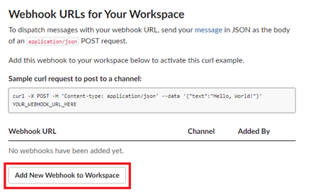 Adding the Slack workspace webhook